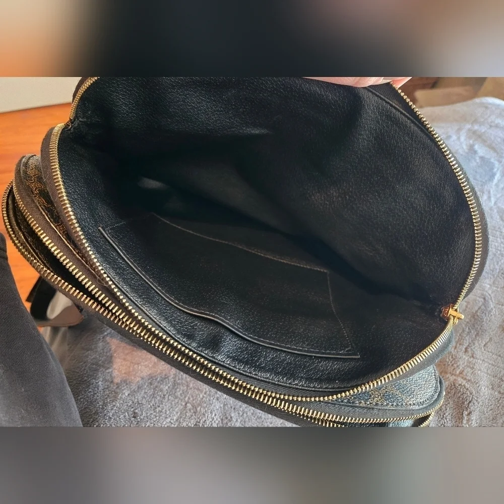 Celine | Double Zip Shoulder Tote Bag | Macadam Canvas & Black Leather | Vintage